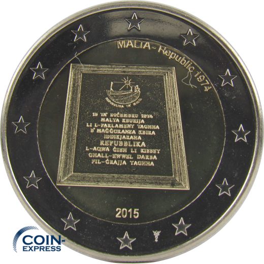 2 Euro Gedenkmünze Malta 2015 - Republik 1974 - mit Münzzeichen!!!