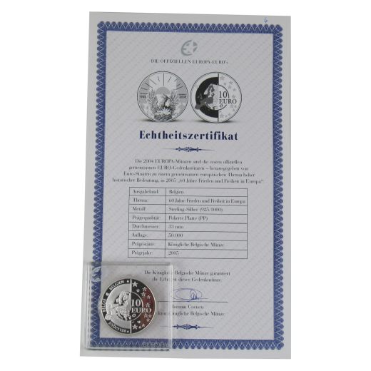10 Euro Gedenkmünze Belgien 2005 - 60 Jahre Frieden und Freiheit - Polierte Platte PP