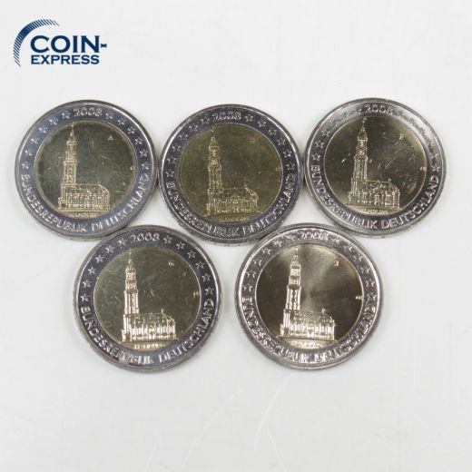 Alle 5 Stück 2 Euro Gedenkmünzen Deutschland 2008 - Hamburger Michel - ADFGJ