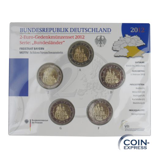 2 Euro Gedenkmünzenset Deutschland 2012 - Schloss Neuschwanstein - Stempelglanz
