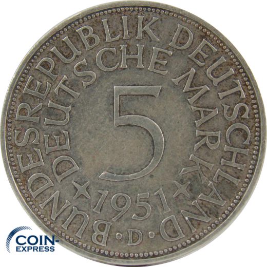 5 DM Münze Deutschland 1951 D - Silberadler