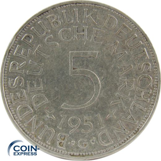 5 DM Münze Deutschland 1951 G - Silberadler