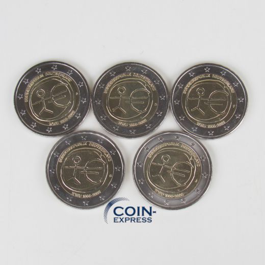 Alle 5 Stück 2 Euro Gedenkmünzen Deutschland 2009 - Währungsunion - ADFGJ