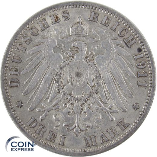 3 Mark Münze Preußen 1911 A Wilhelm II.