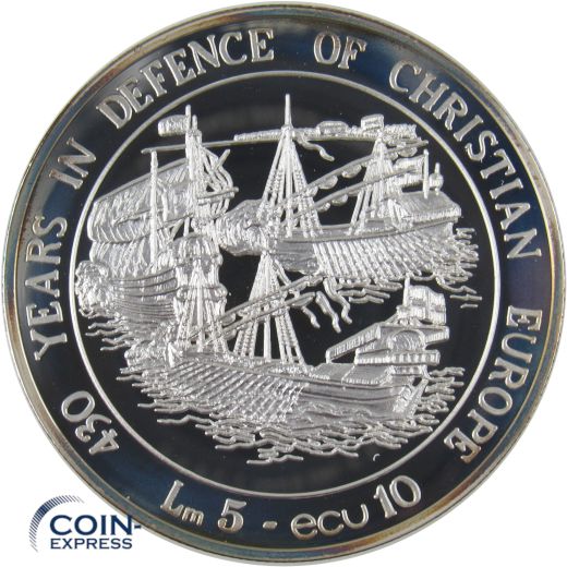 5 Lm - 10 Ecu Gedenkmünze Malta 1993 - Verteidigung des christlichen Europas