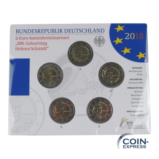 2 Euro Gedenkmünzenset Deutschland 2018 ST - 100. Geburtstag Helmut Schmidt