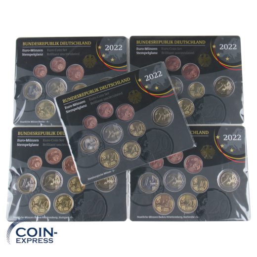 Euro Kursmünzensätze Deutschland 2022 ST ADFGJ