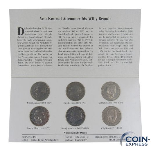 6x 2 DM Die deutschen 2-DM-Münzen als Komplett-Satz
