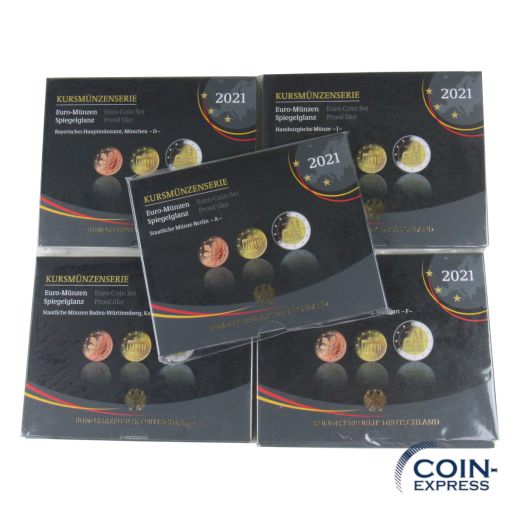 Euro Kursmünzensätze Deutschland 2021 PP ADFGJ