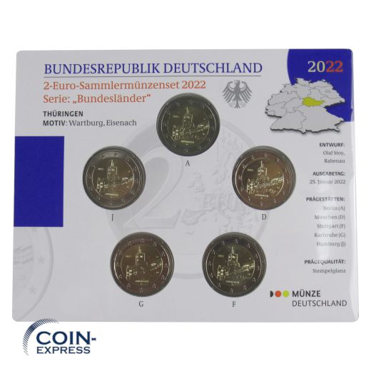 2 Euro Gedenkmünzenset Deutschland 2022 ST - Wartburg Eisenach