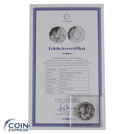 5 Euro Gedenkmünze Österreich 2006 Mozart