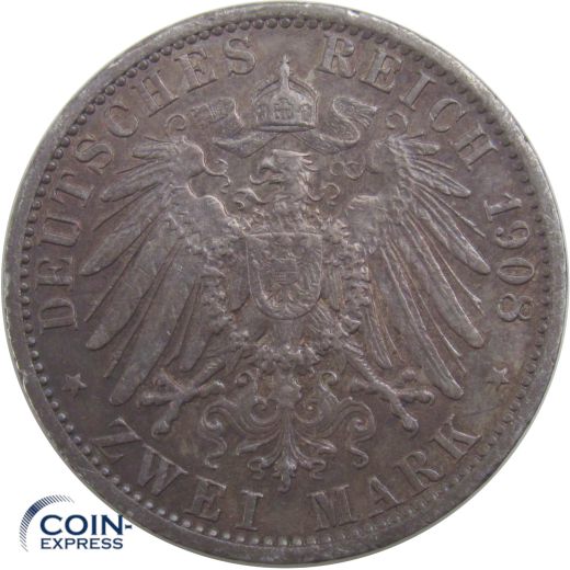 2 Mark Münze Preussen 1908 A Wilhelm II. Silber