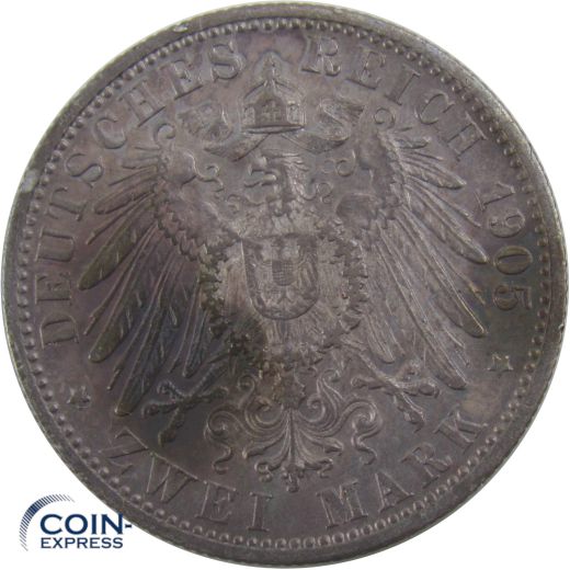 2 Mark Münze Württemberg 1905 F Wilhelm II.
