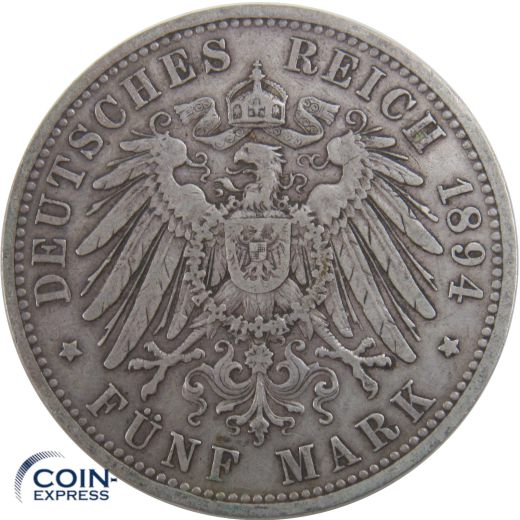 5 Mark Münze Preußen 1894 A Wilhelm II. Silber