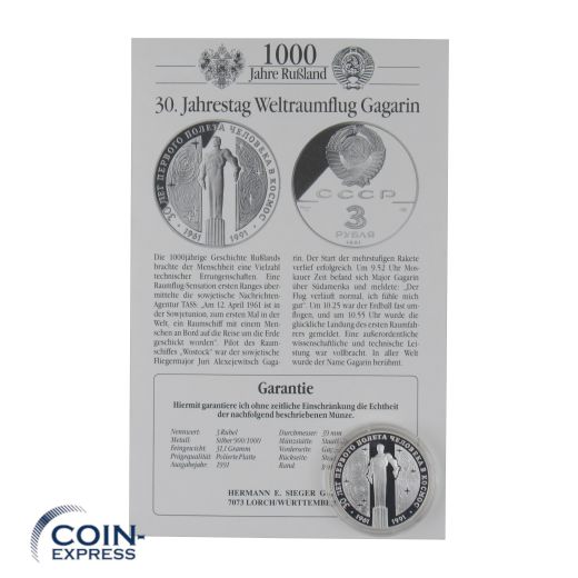 3 Rubel Gedenkmünze Russland 1991 - Juri Gagarin
