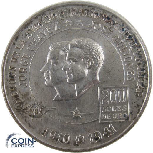 200 Soles de Oro Silbermünze 1974 Jorge Chavez & Jose Quinones