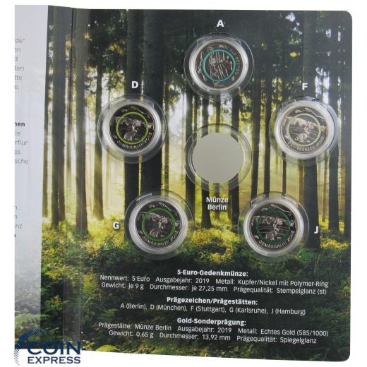 5x 5 Euro Deutschland 2019 Gemäßigte Zone ADFGJ im Folder