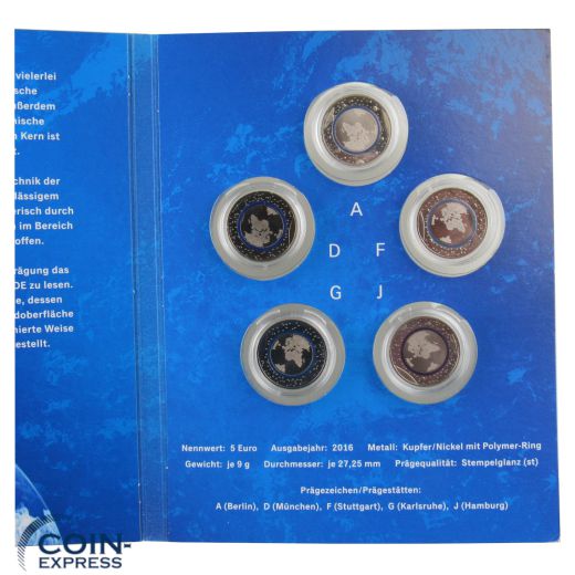 5x 5 Euro Deutschland 2016 Blauer Planet Erde ADFGJ im Folder