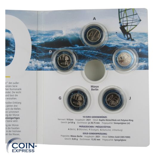 5x 10 Euro Deutschland 2021 Auf dem Wasser ADFGJ im Folder