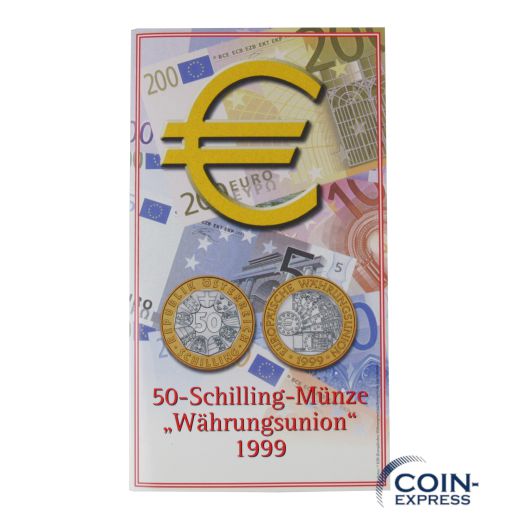 50 Schilling Gedenkmünze Österreich 1999 - Währungsunion - im Folder