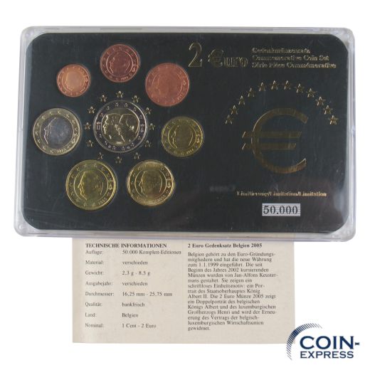 Euro Kursmünzensatz Belgien - Serie: 2 Euro Gedenkmünzensatz