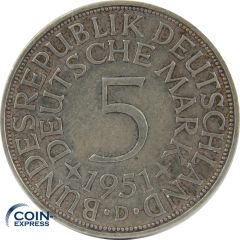 5 DM Münze Deutschland 1951 D - Silberadler