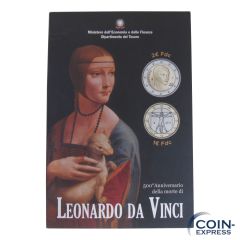 2 Euro Gedenkmünze Italien 2019 - Leonardo da Vinci im Folder mit 1 Euro 2019